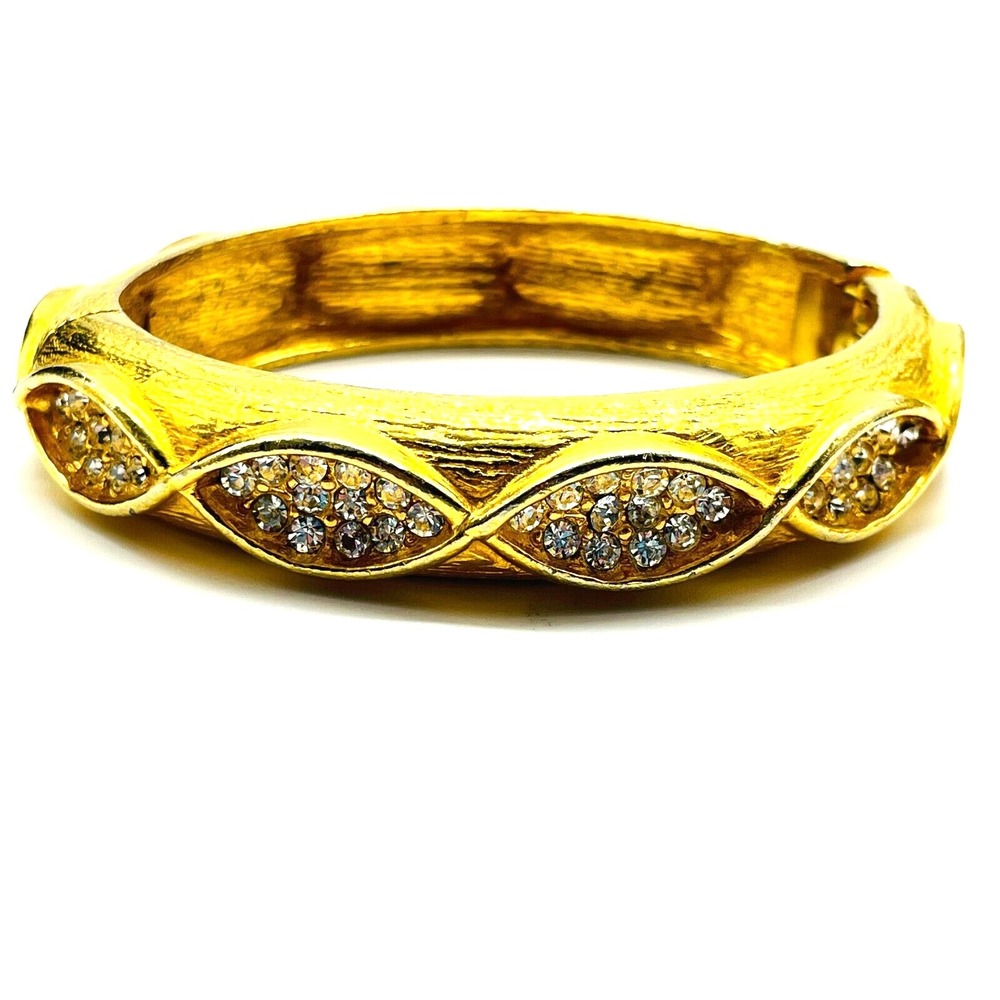 Signed Hattie Carnegie Bracelet Gold Tone Rhinestone Bangle Vintage Statement